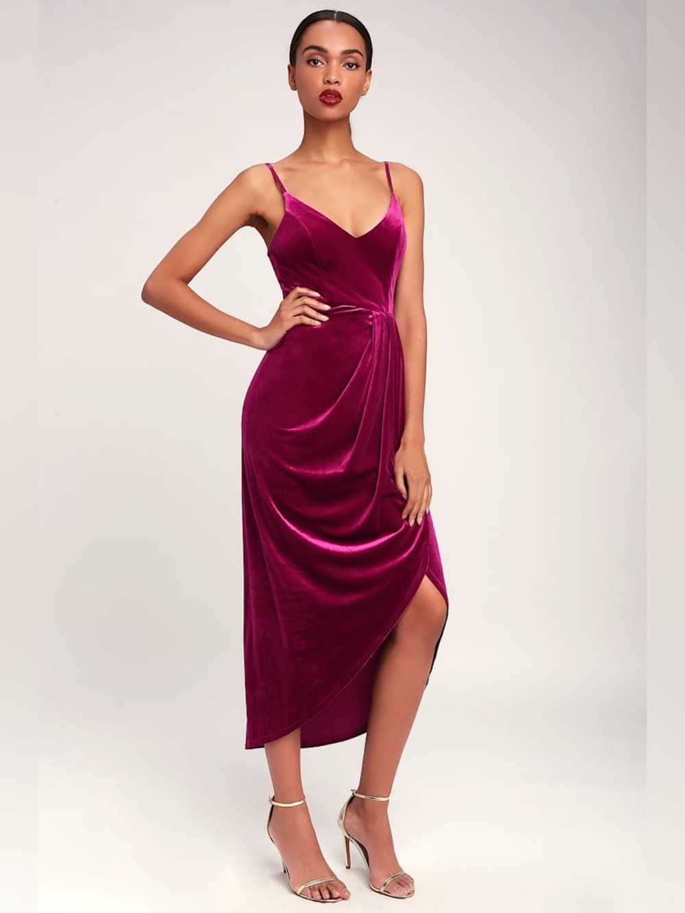 🌸 LULUs Champagne Kisses Magenta Velvet Midi Dress. Size SMALL